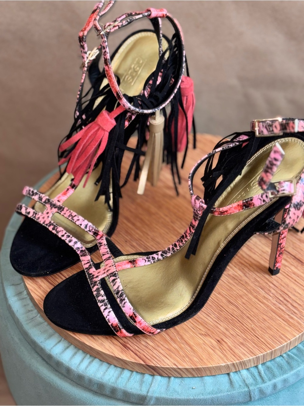 Coral Snake-Print Fringe Ankle-Strap Heels. Size 8
